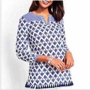 Talbots Painted Fans Geometric Print Tassel Hem Cotton Popover Top M Petite EUC